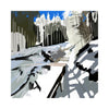 Abstract fine art illustration of a wooded winter landscape, using bold brushstrokes and a high-contrast palette of white, black, and olive green to depict a snowy forest trail.