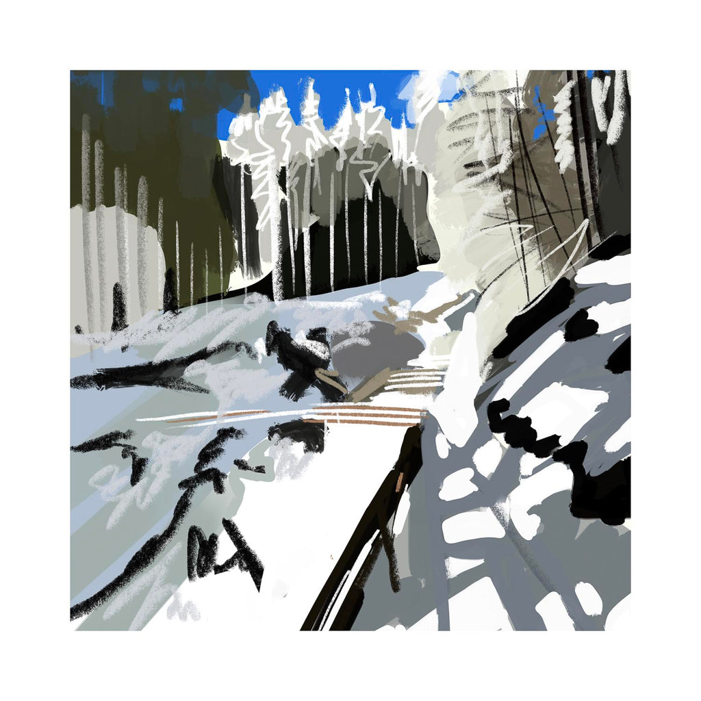 Abstract fine art illustration of a wooded winter landscape, using bold brushstrokes and a high-contrast palette of white, black, and olive green to depict a snowy forest trail.