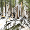 Expressive painterly illustration of a sunlit winter forest, featuring sketchy black line work and broad brushstrokes in green, brown, and white to depict a snowy woodland path.