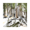 Textured forest scene with tall tree trunks and dappled sunlight on fresh snow, rendered in a modern abstract style, mountain art landscape.