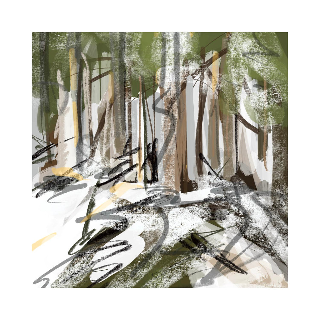 Textured forest scene with tall tree trunks and dappled sunlight on fresh snow, rendered in a modern abstract style, mountain art landscape.