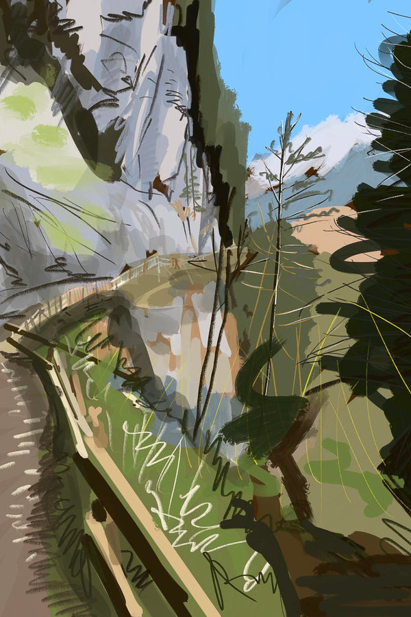 Artistic rendering of a steep mountain path along a cliffside gallery, featuring expressive brushstrokes of green vegetation and grey rock faces under a bright blue alpine sky.