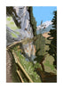 Scenic painterly illustration of the winding Galerie de Défense mountain path, featuring rugged grey cliffs and lush green vegetation under a bright blue sky.
