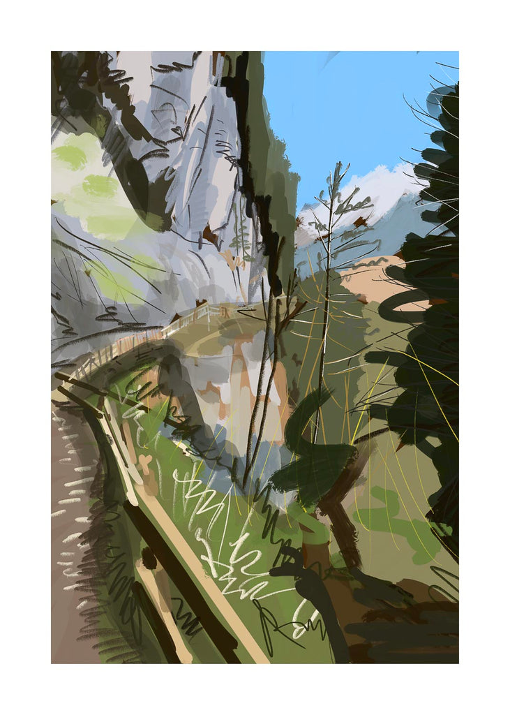 Scenic painterly illustration of the winding Galerie de Défense mountain path, featuring rugged grey cliffs and lush green vegetation under a bright blue sky.