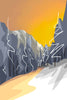 Vibrant graphic illustration of a mountain valley under a glowing orange sunset, featuring dark pine trees with expressive white line work, fine art print.