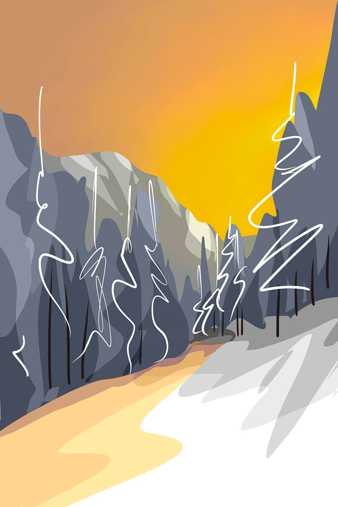 Vibrant graphic illustration of a mountain valley under a glowing orange sunset, featuring dark pine trees with expressive white line work, fine art print.