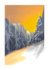 Contemporary mountain art landscape depicting a winding path through a forest toward rugged grey peaks under a warm, golden evening sky.