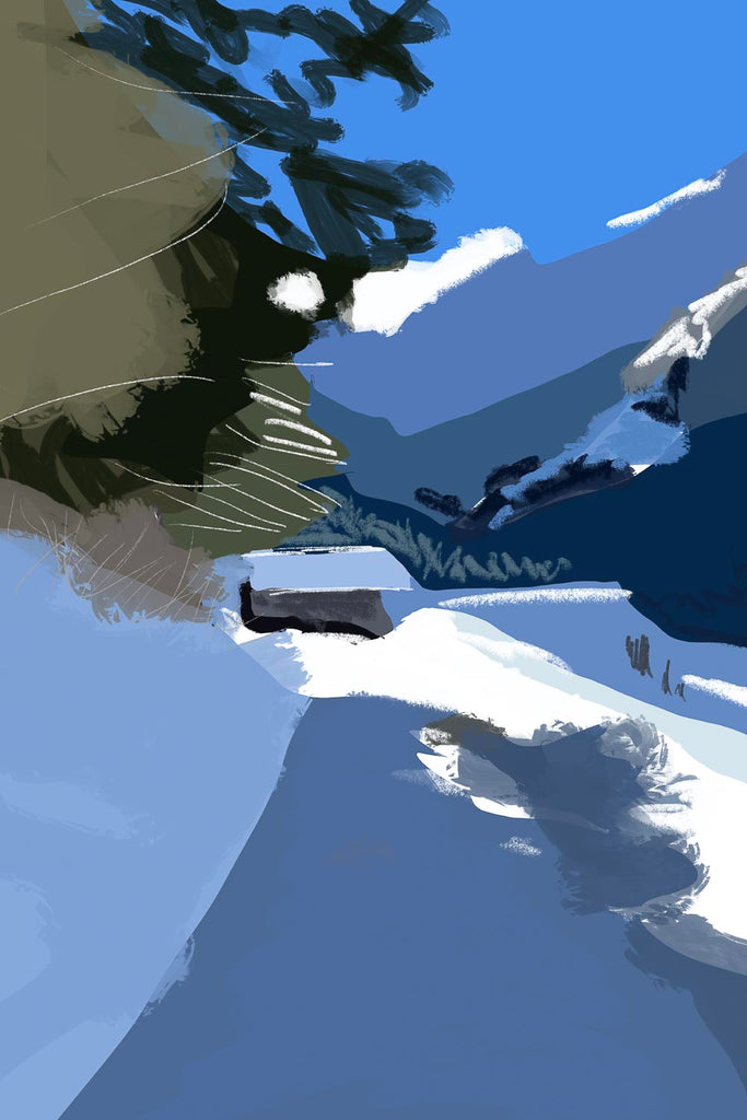 Painterly winter scene of a solitary house nestled within a snow-covered mountain valley, featuring expressive brushwork and a cool blue color palette.