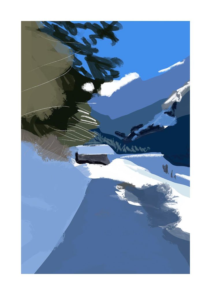 Modern mountain art print of a quiet winter landscape with a small house in the snow.