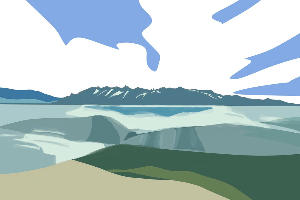 Contemporary fine art print depicting a wide view of Lake Geneva and distant mountain peaks, rendered with simplified shapes and a cool-toned color palette.
