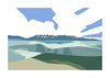Landscape art print of Lake Geneva and the surrounding alpine range, showcasing a modern graphic style