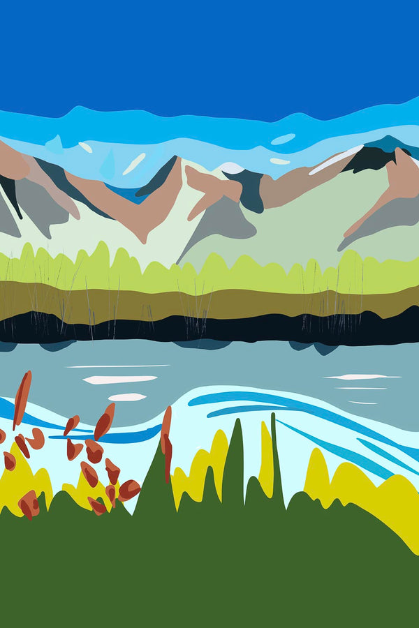 Mountain art landscape depicting a simplified, colorful view of Lake Geneva with bold, stylized shapes and a bright color palette, fine art print.