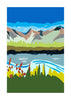 Vibrant graphic illustration of Lac Léman, featuring colorful reeds and grasses in the foreground, calm blue water, and rugged alpine peaks under a deep blue sky.
