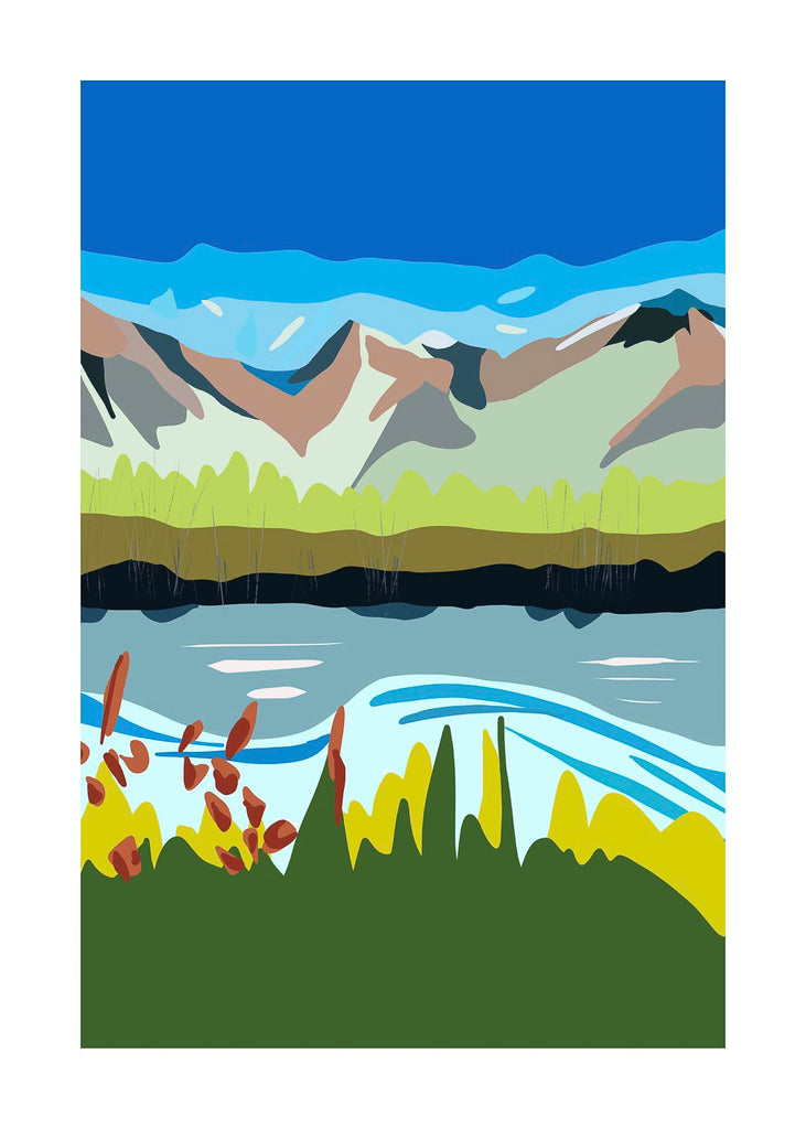 Vibrant graphic illustration of Lac Léman, featuring colorful reeds and grasses in the foreground, calm blue water, and rugged alpine peaks under a deep blue sky.