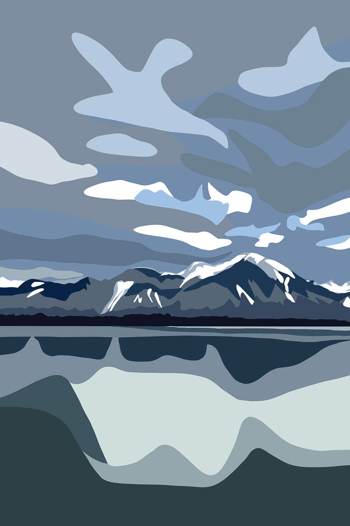 Artistic depiction of snow-capped mountains reflecting in Lac Léman, rendered with stylized shapes and a cool blue and gray color scheme.