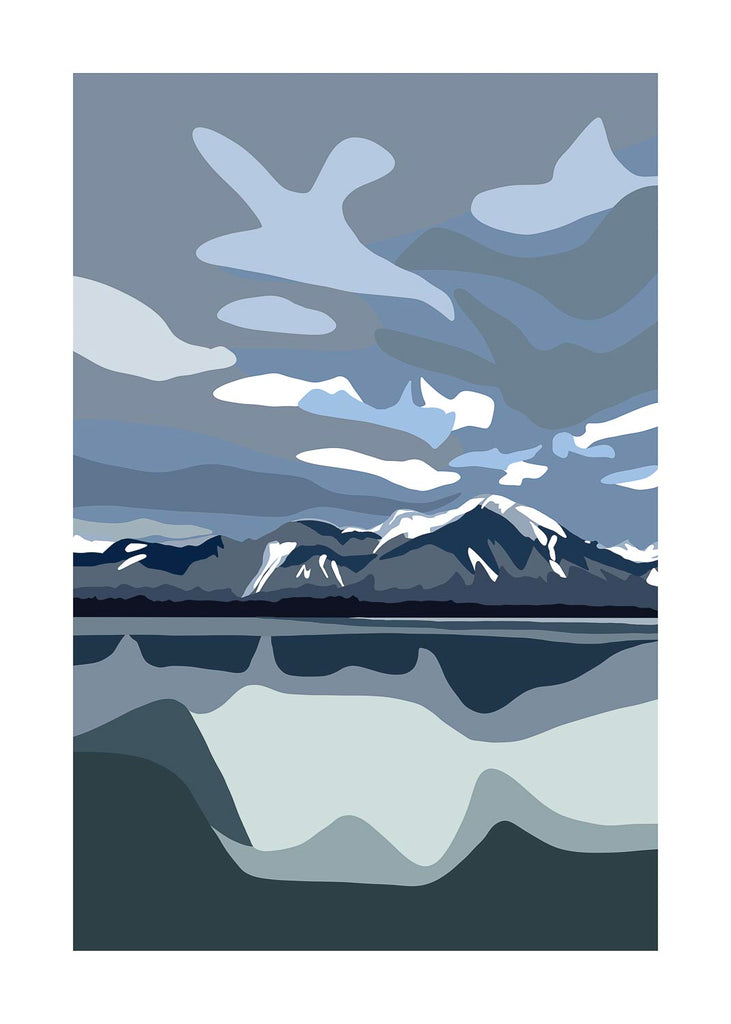 Modern fine art print of a tranquil lake scene in Switzerland, showcasing stylized mountain reflections and abstract clouds.