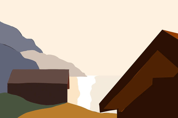 Minimalist graphic illustration of two wooden buildings on the shore of Lac Léman, featuring simplified mountain silhouettes and a warm, muted color palette under a soft beige sky.