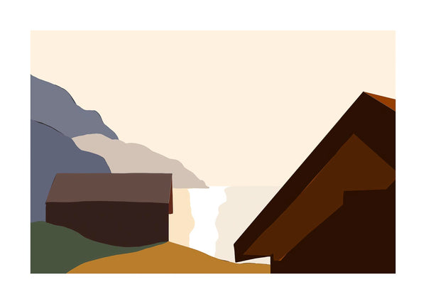 Landscape art print of a simplified alpine scene with chalets by the water, presented in a horizontal format with a clean white border for a modern gallery look.