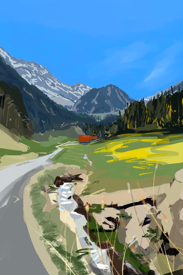 Vibrant painterly illustration of the Les Rives valley in Switzerland, featuring a winding mountain road through lush green fields toward jagged, snow-capped peaks under a bright blue sky.
