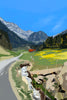 Vibrant painterly illustration of the Les Rives valley in Switzerland, featuring a winding mountain road through lush green fields toward jagged, snow-capped peaks under a bright blue sky.