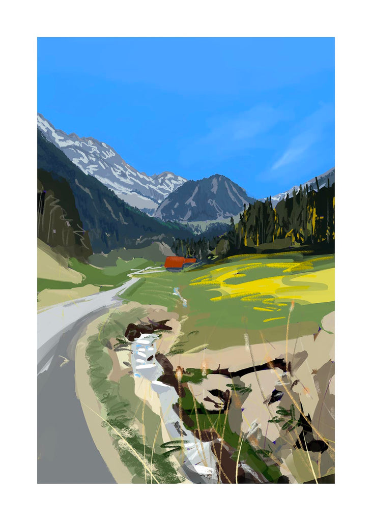 Vertical fine art print of a scenic mountain landscape at Les Rives, showcasing an expressive rendering of an alpine valley and rugged peaks.