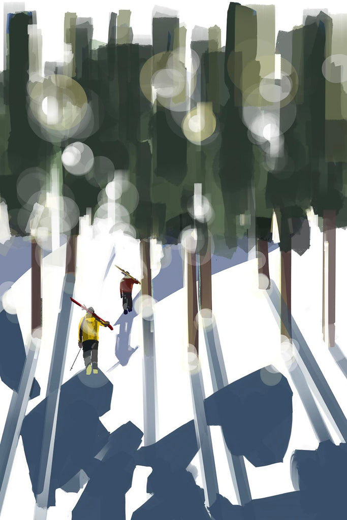 Stylized fine art illustration of two skiers carrying their gear as they walk into a snow-covered evergreen forest, with bright sunlight and bokeh effects filtering through the dark trees.