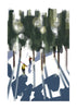 Modern mountain art print featuring two figures hiking with skis into a sun-drenched winter woodland.