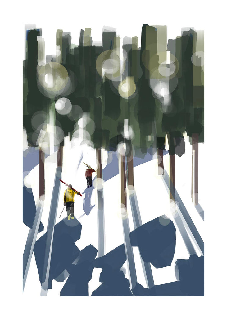 Modern mountain art print featuring two figures hiking with skis into a sun-drenched winter woodland.
