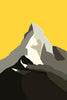 Minimalist graphic illustration of the iconic Matterhorn peak, featuring simplified rocky textures in grey and white against a bold yellow sky.