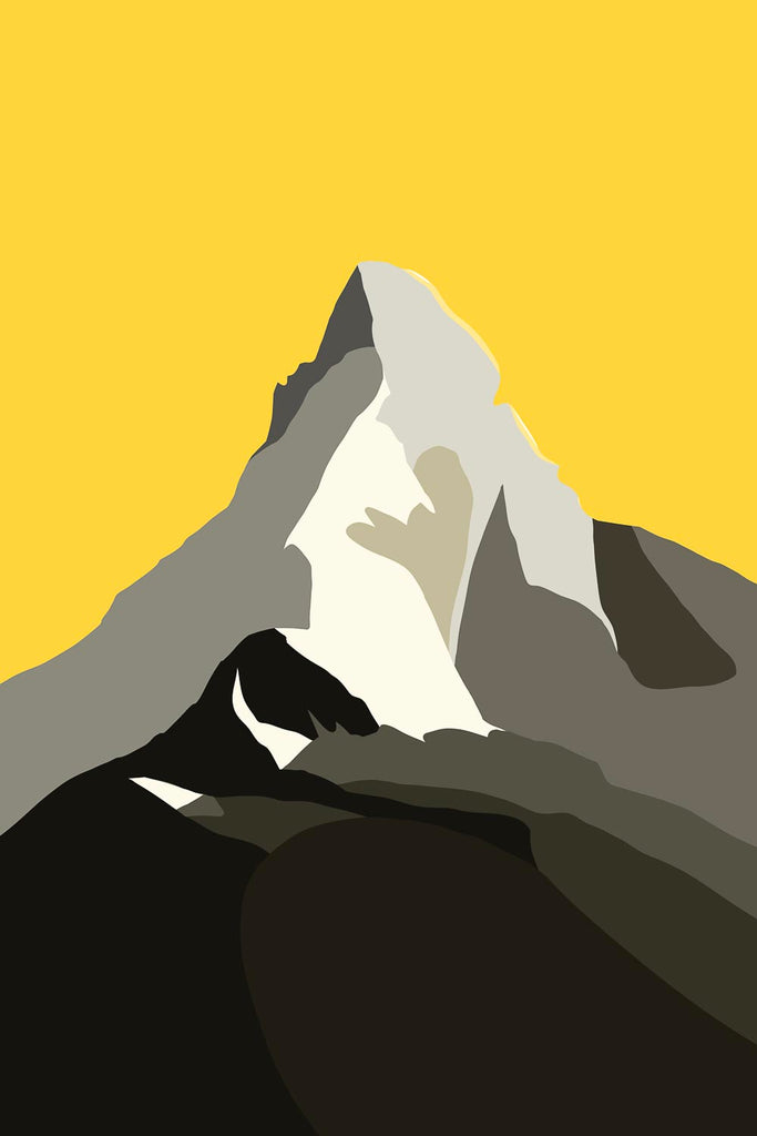 Minimalist graphic illustration of the iconic Matterhorn peak, featuring simplified rocky textures in grey and white against a bold yellow sky.