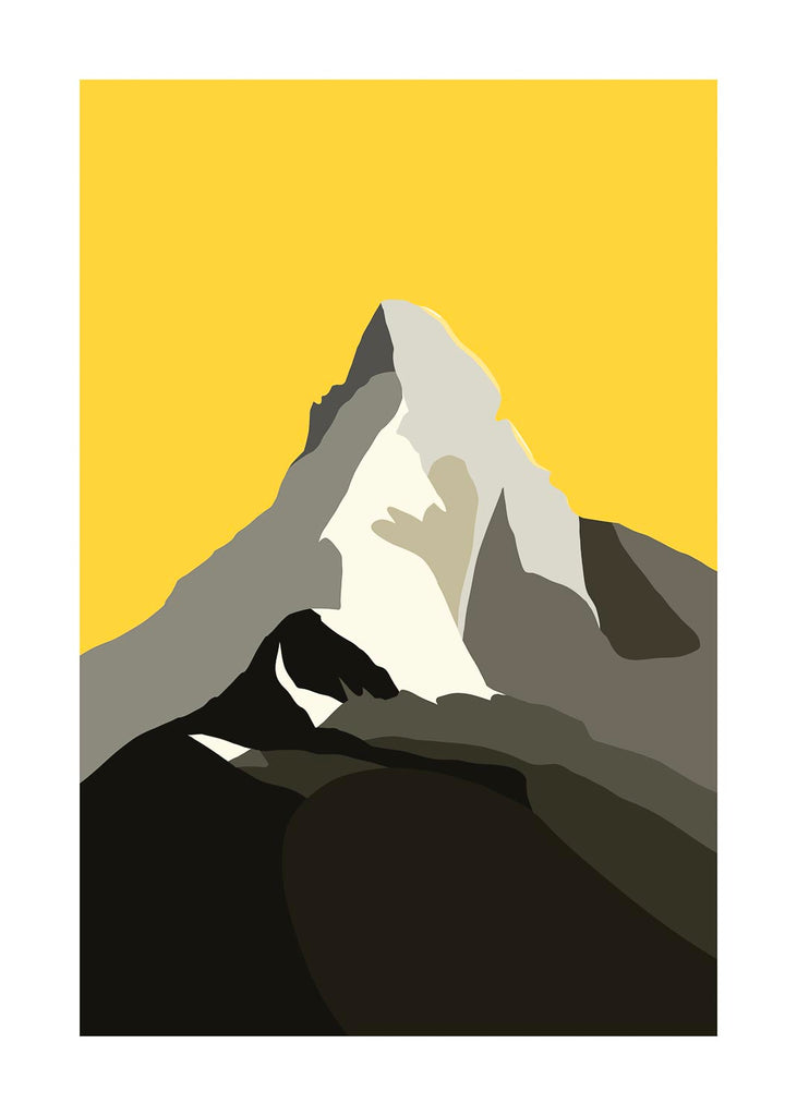 Modern fine art print of the Matterhorn mountain silhouette under a vibrant yellow sky.
