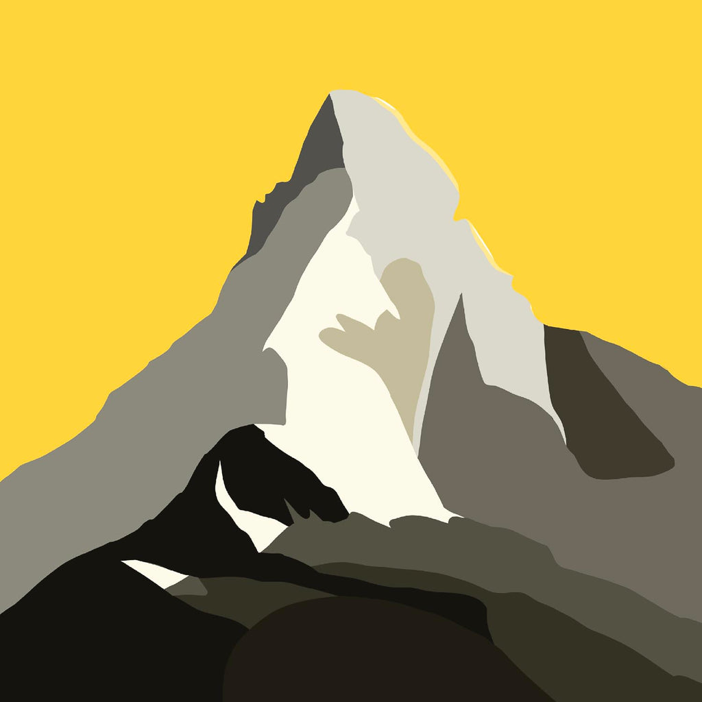 Minimalist graphic illustration of the Matterhorn peak with grey and white rocky textures against a solid yellow sky.
