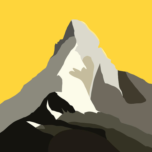 Minimalist graphic illustration of the Matterhorn peak with grey and white rocky textures against a solid yellow sky.
