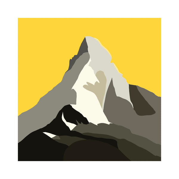 Minimalist graphic illustration of the Matterhorn peak with grey and white rocky textures against a solid yellow sky and border