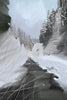 Painting of a snowy forest path winding through dark winter trees.