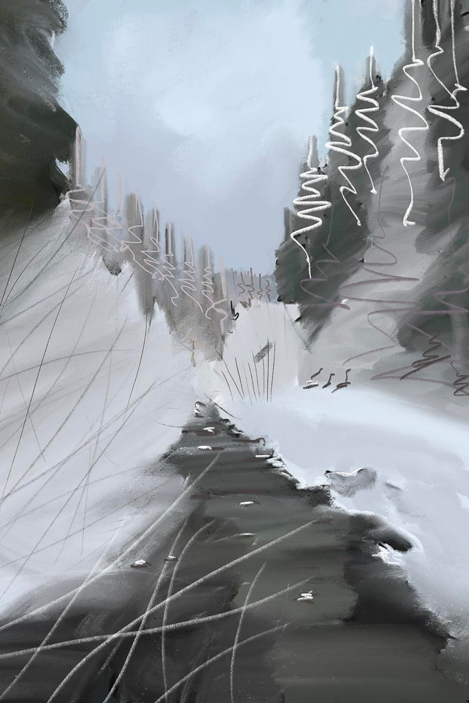 Painting of a snowy forest path winding through dark winter trees.