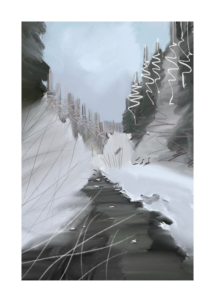 Art print of a moody winter forest with a dark trail winding through snow.