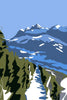 Graphic illustration of a white path winding through evergreen trees toward snow-capped blue mountains.