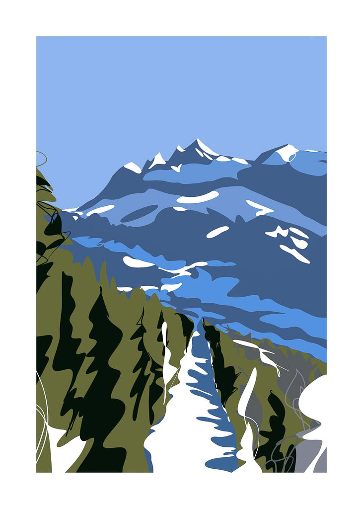 Framed mountain art print featuring a stylized snowy trail and jagged blue peaks under a clear sky.