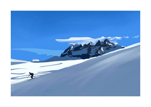 A stylized landscape art print depicting a snowy mountain range under a bright blue sky, with a small skier visible on the snow slope and Dents du Midi in the background.