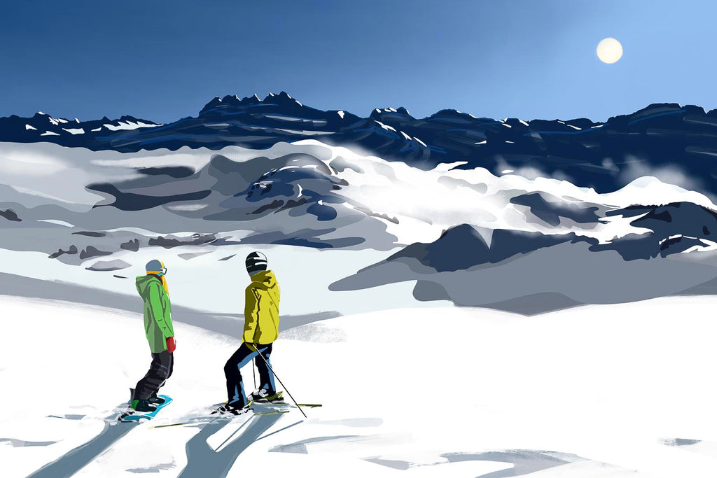 Illustration of a skier and a snowboarder looking out over a snowy mountain range under a bright sun.
