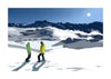 Art print of a skier and a snowboarder on a snowy mountain, presented within a white frame.