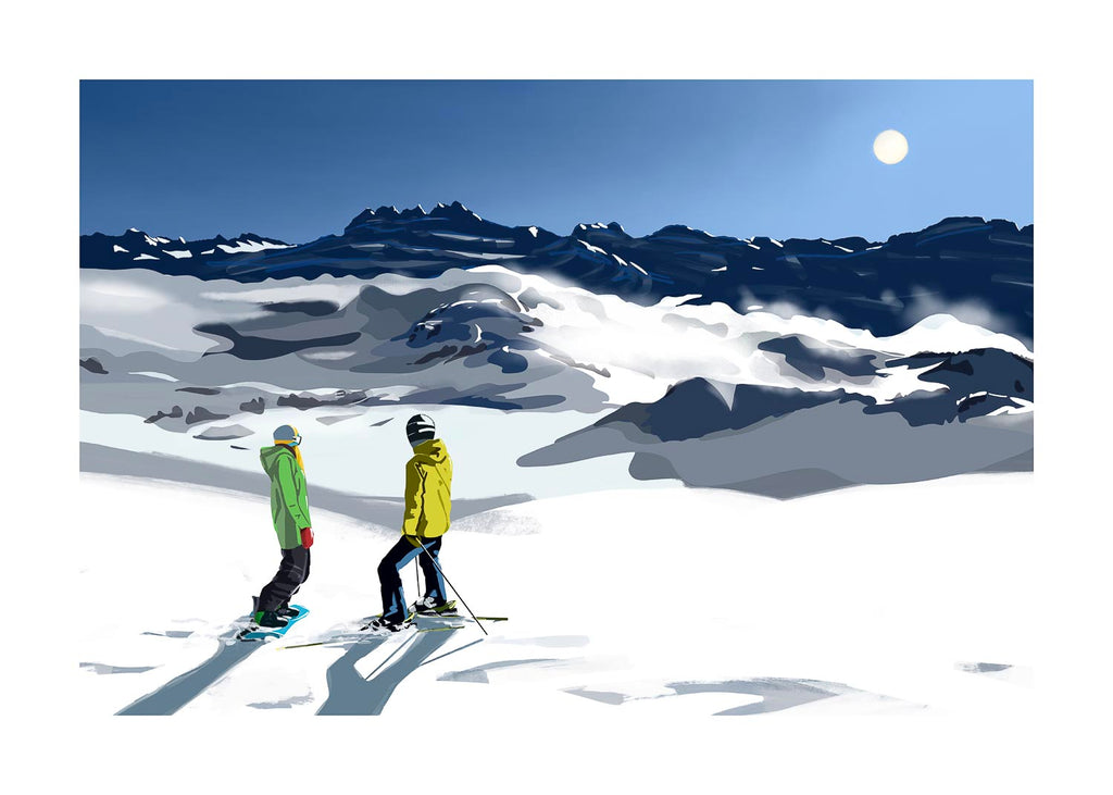 Art print of a skier and a snowboarder on a snowy mountain, presented within a white frame.
