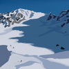Digital painting of tiny skiers crossing a vast glacier at the foot of tall snowy mountains.