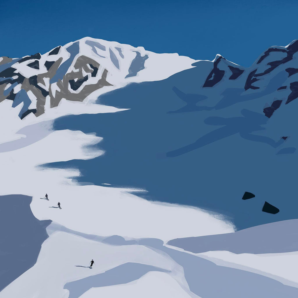 Digital painting of tiny skiers crossing a vast glacier at the foot of tall snowy mountains.