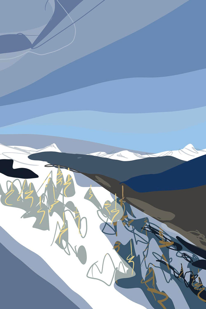 Stylized winter landscape featuring gold-line trees on a snowy hill and dark blue mountains.