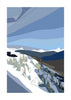 Abstract mountain scene with a snowy foreground and a layered blue and grey sky.