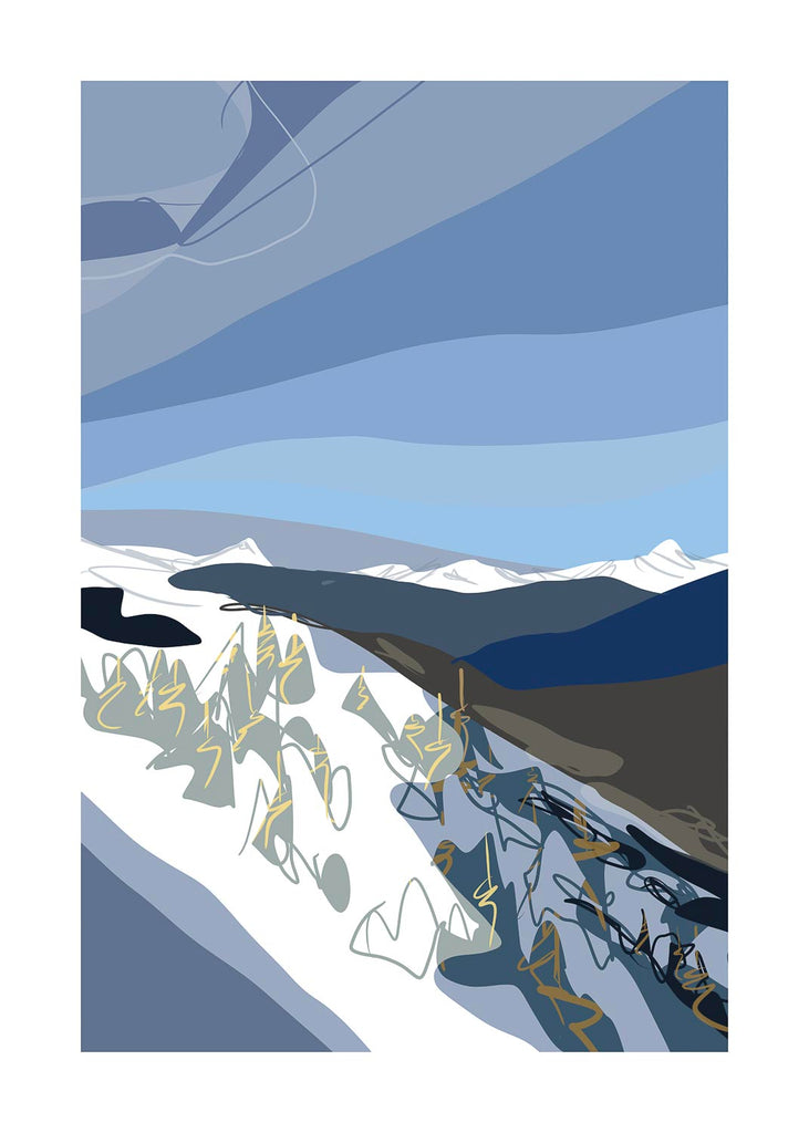 Abstract mountain scene with a snowy foreground and a layered blue and grey sky.