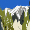 Painterly illustration of a snow-covered mountain peak seen through tall green trees under a bright blue sky.