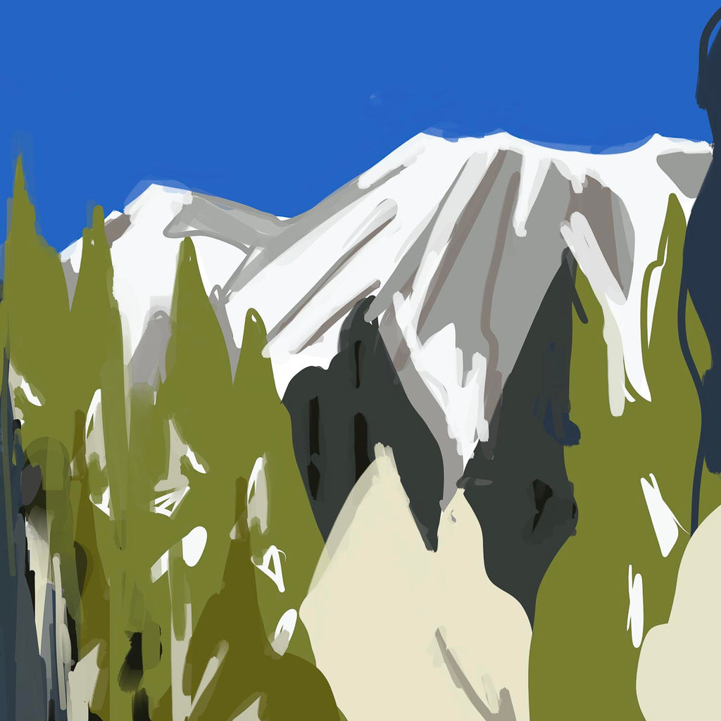 Painterly illustration of a snow-covered mountain peak seen through tall green trees under a bright blue sky.